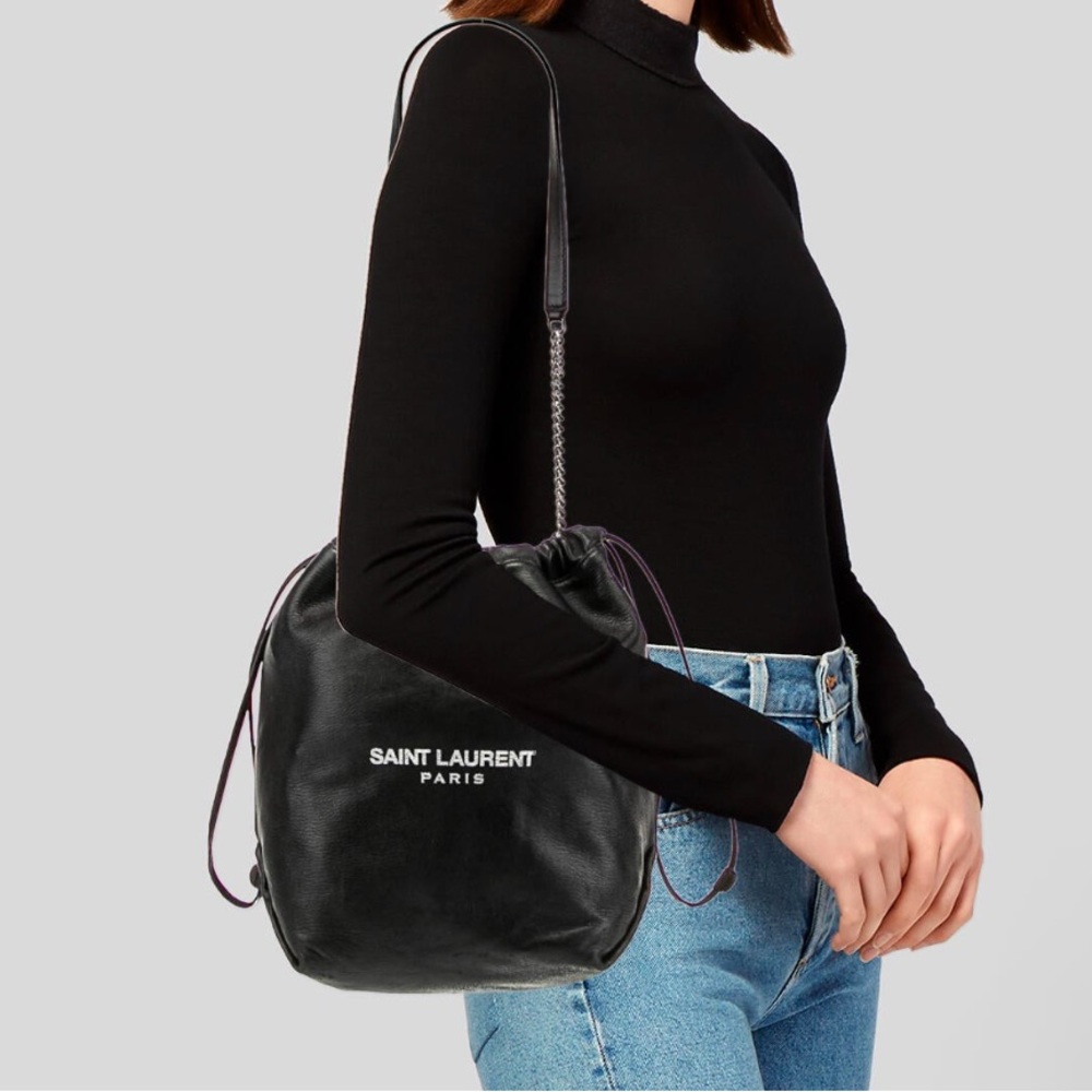 Saint Laurent YSL Teddy Drawstring Bucket Bag Lambskin Leather Handbag and Pouch